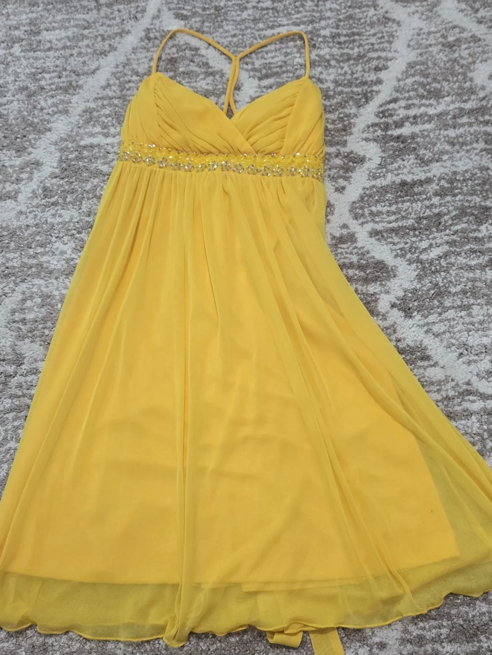 City Triangles Yellow Chiffon Spaghetti-Strap Prom Dress with Beaded Waist